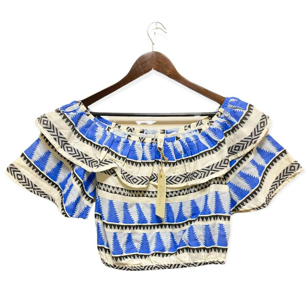 Elan Women's Size M Top Tribal Aztec Sleeveless Strapless Off Shoulder Boho Blue - Picture 2 of 8